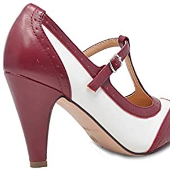 🌟 Chase + Chloe || 3.5"  Kimmy-51 T-Strap Pump - Burgundy/White - Picture 6 of 6